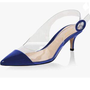 XYD Royal Blue Transparent Slingback Kitten Heels Pumps Pointed Toe PVC Shoes